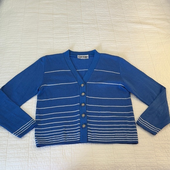 San Remo Sweaters - Vintage Knit Cardigan Large Button Stripe Knit 3/4 sleeve Coastal Cozy Grandma